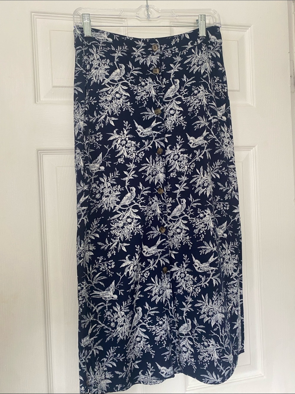 Oasis Navy Blue Floral Print Button-Front Midi Skirt